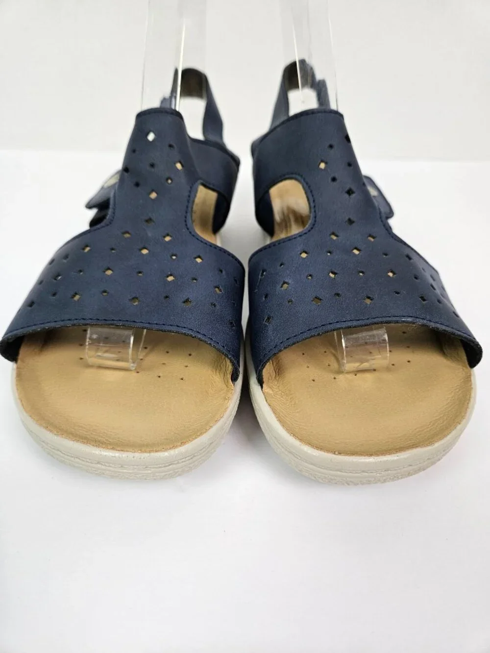 Fly Flot Piumatech Perforated Navy Blue Faux Leather Strappy Wedge Sandal 41/9.5
